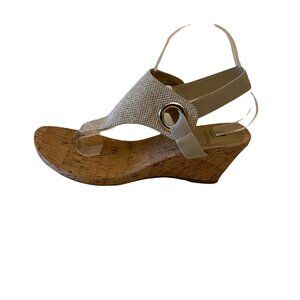 Womens White Mountain Size 9.5M Beige Fabric Cork Wedge Sandals